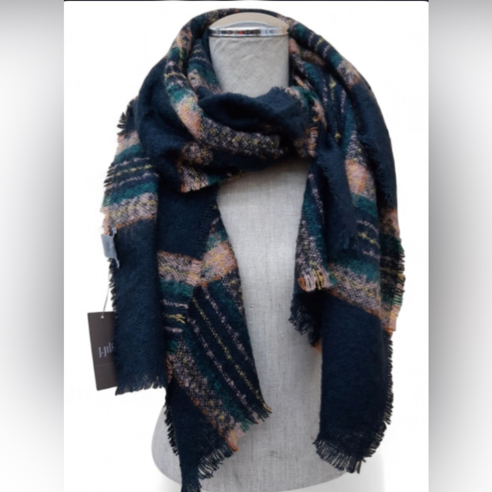 NWT J. Jill Navy Multi Plaid Scarf | Blue Green Pink Tartan Fringed Wrap